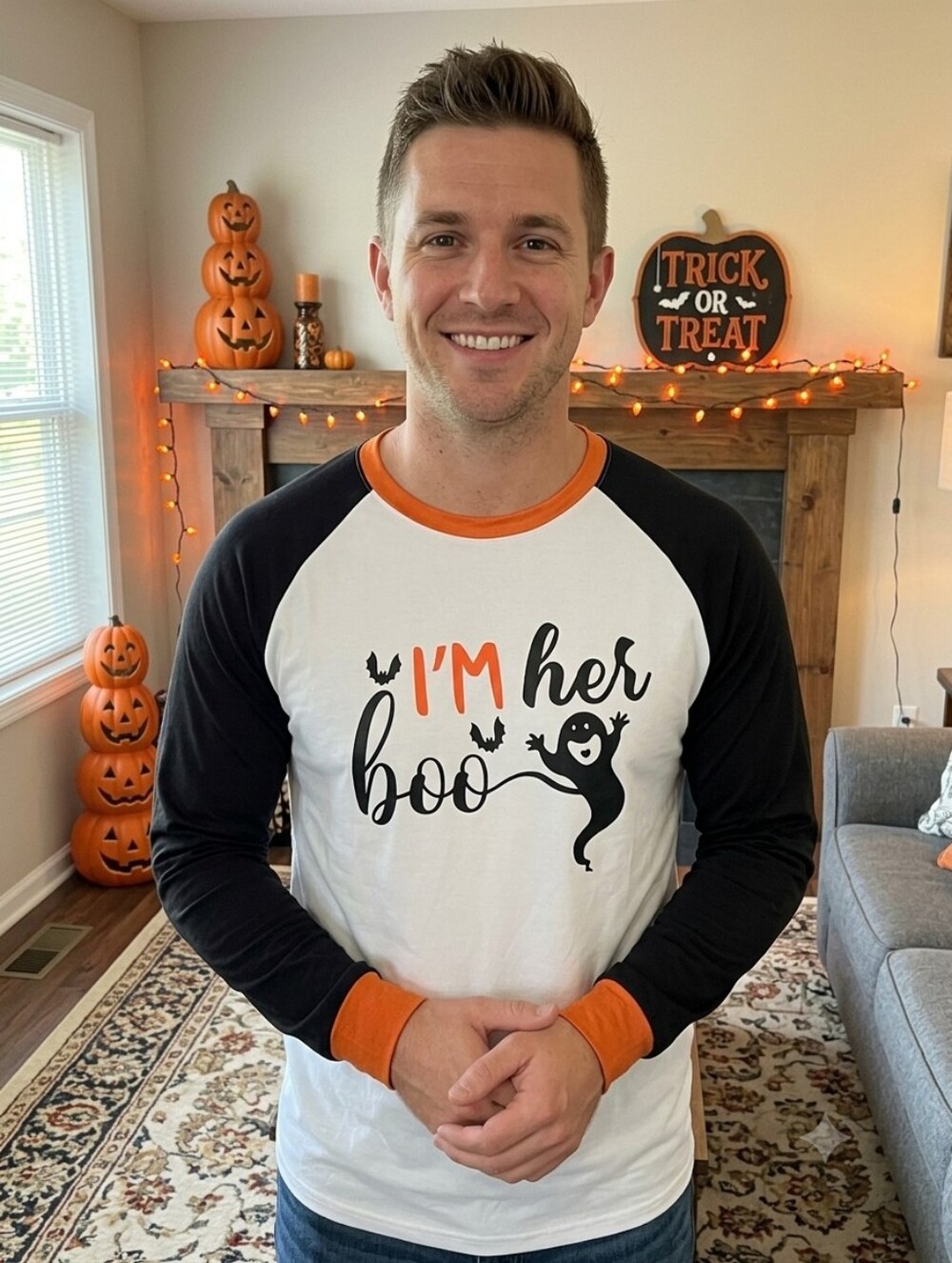 Halloween 'I'm Her Boo' Raglan Shirt Black, White Orange Size XXL NWOT P2P 26 In